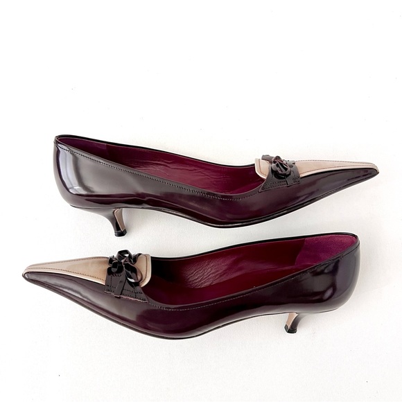 New PRADA | Burgundy Brown Beige Patent Leather Bow Kitten Heel Pointed Pumps 38 - Picture 8 of 11